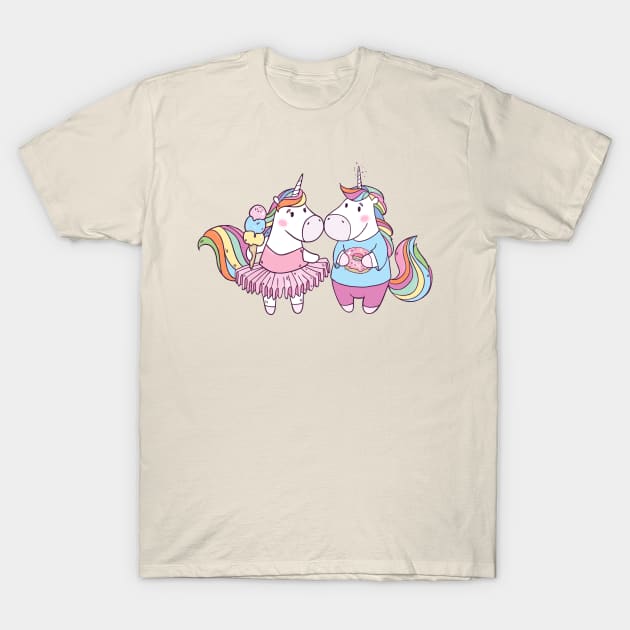 Unicorns in Love with Donut and Ice cream T-Shirt by Olya Yatsenko